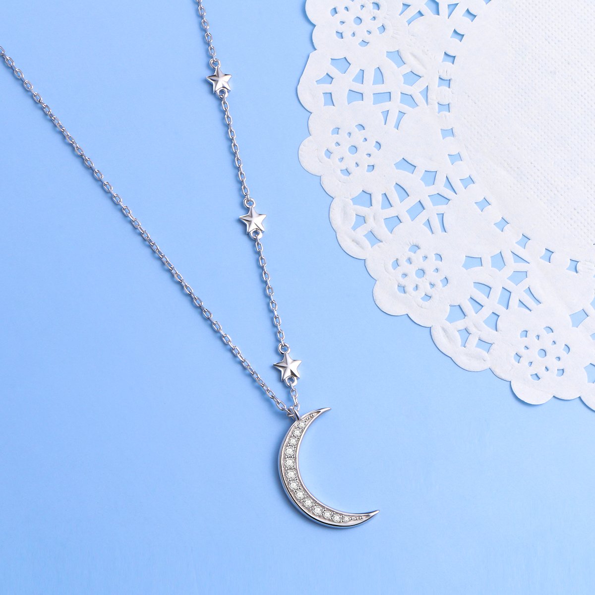 925 Sterling Silver Crescent Moon and Star Celestial Jewelry CZ White Shell Beads Mother of Pearl Pendant Necklace Rolo Chain 18 inches to 20 inches