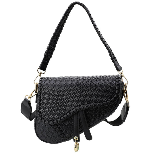ERWUBA fashion women saddle shoulder bag clutch purse small crossbody satchel handbag woven imitation crocodile leather bag (Black)