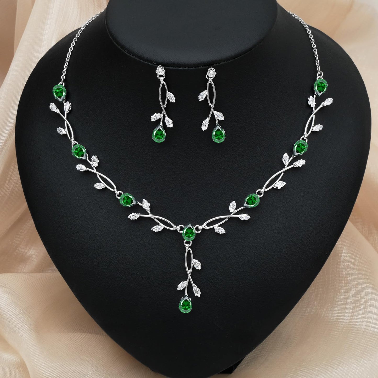 CSY Elegant Silver Bridal Jewelry Sets Clear Cubic Zirconia Wedding Necklace Earrings Bracelet Set for Birdes Bridesmaids CZ Prom Jewelry (Emerald Green)