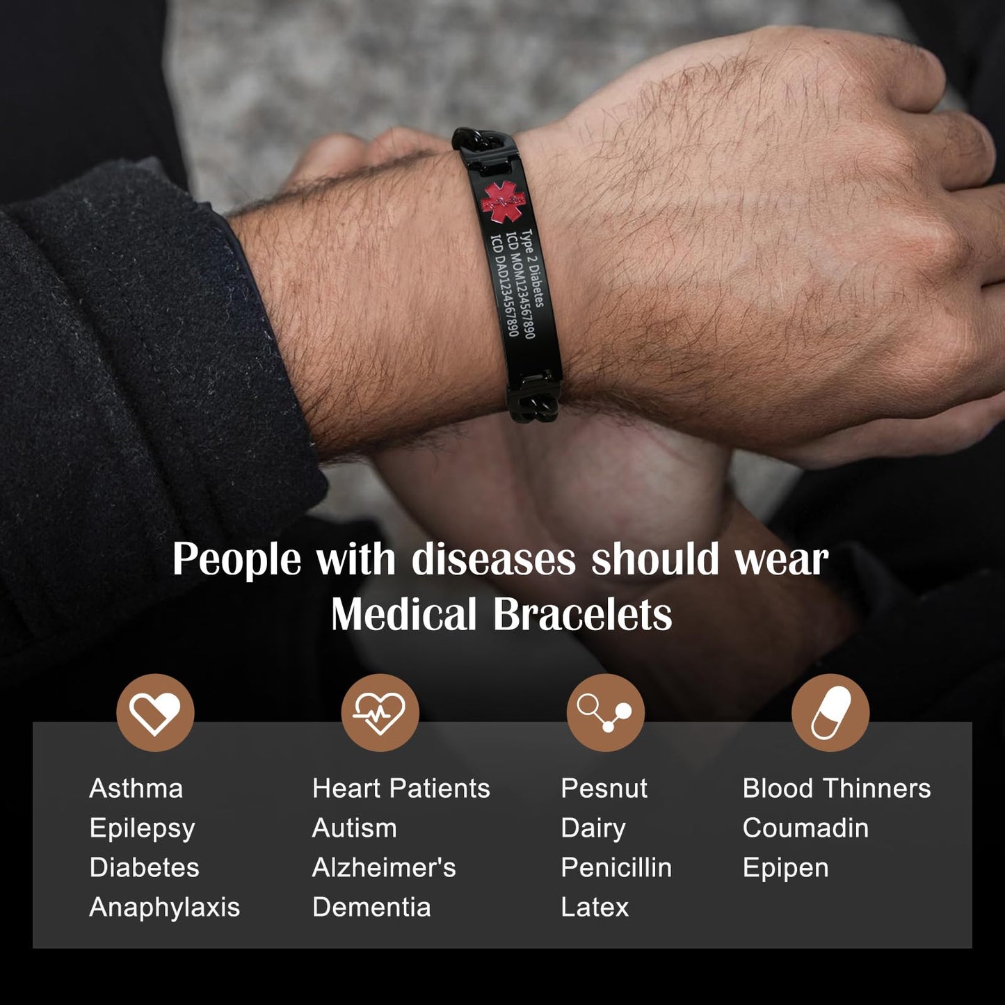 Bijouweled Medical Alert Bracelet for Women Men 7.5 to 9.8 Inches Emergency ID Bracelets Free Engraving Personalized Medic Alert Bracelet for Adult (Black 7.5-9.8inch 3 sizes)
