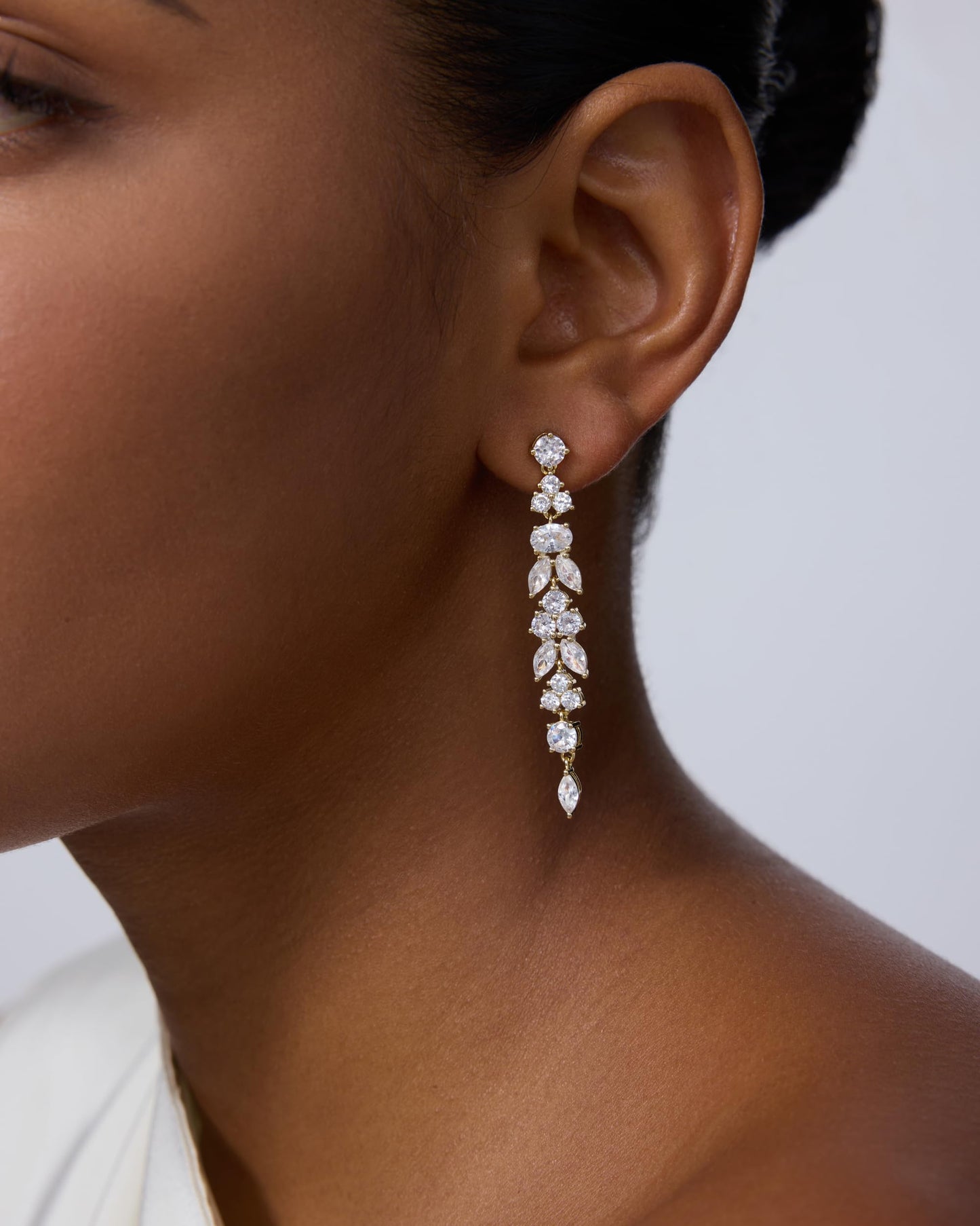 PAVOI Rhodium Plated Cubic Zirconia Dangle Earrings for Women - Crystal Long Bridal Drop Earrings - Linear Marquise Oval Simulated Diamond Cluster Drop Dangle Wedding Jewelry for Brides & Bridesmaid