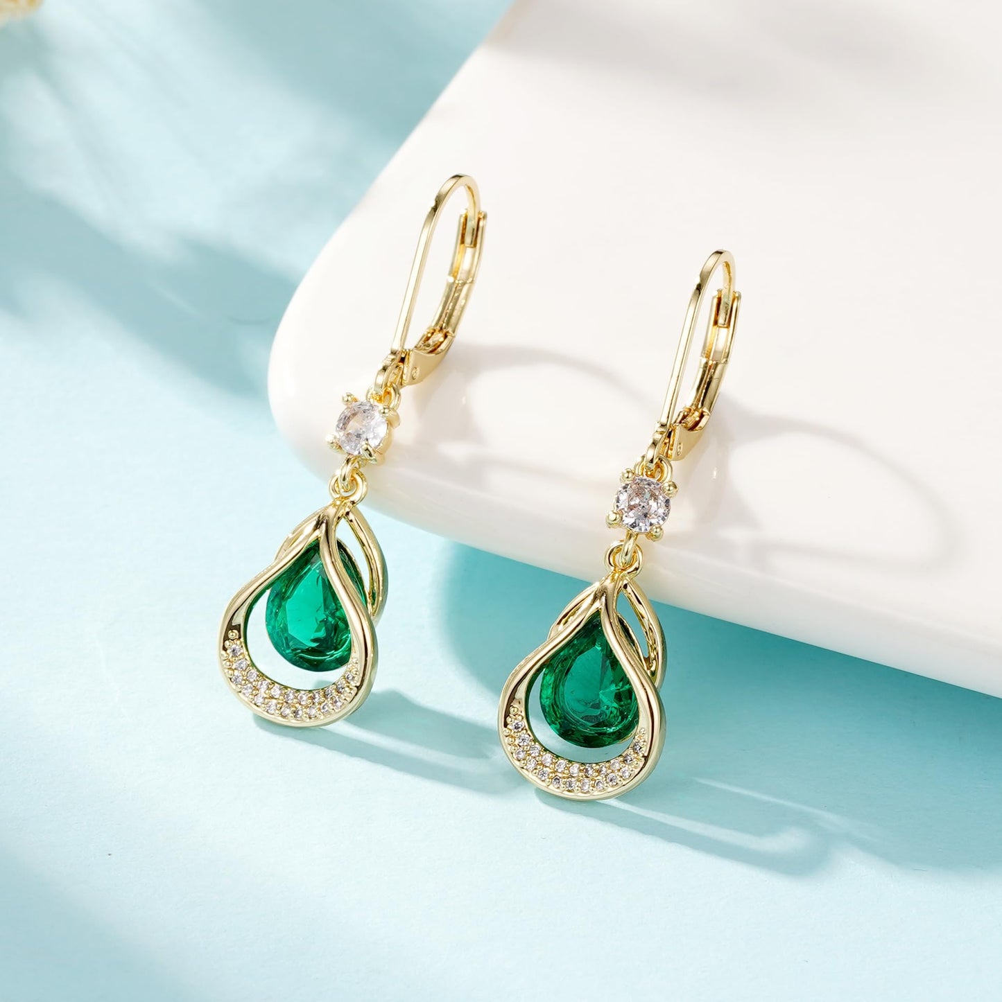 Dangle Trendy Leverback Birthstone Earrings 14K Gold Plated Teardrop Dangle Earrings Jewelry Christmas Birthday Gifts for Women (Gold May)