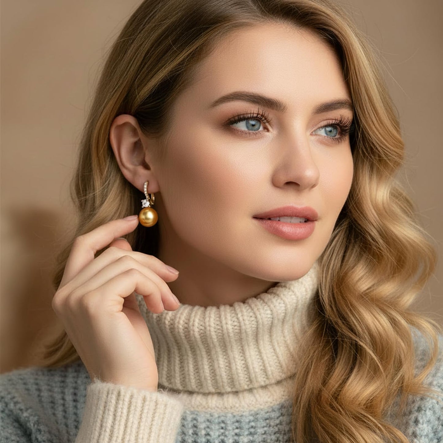 BAMIKI Golden Pearl Drop Dangle Earrings 925 Sterling Silver 14K Gold Plated Cubic Zirconia Leverback Earrings, 8MM Round Saltwater Cultured Pearls Jewelry Gifts for Women Wife Mother