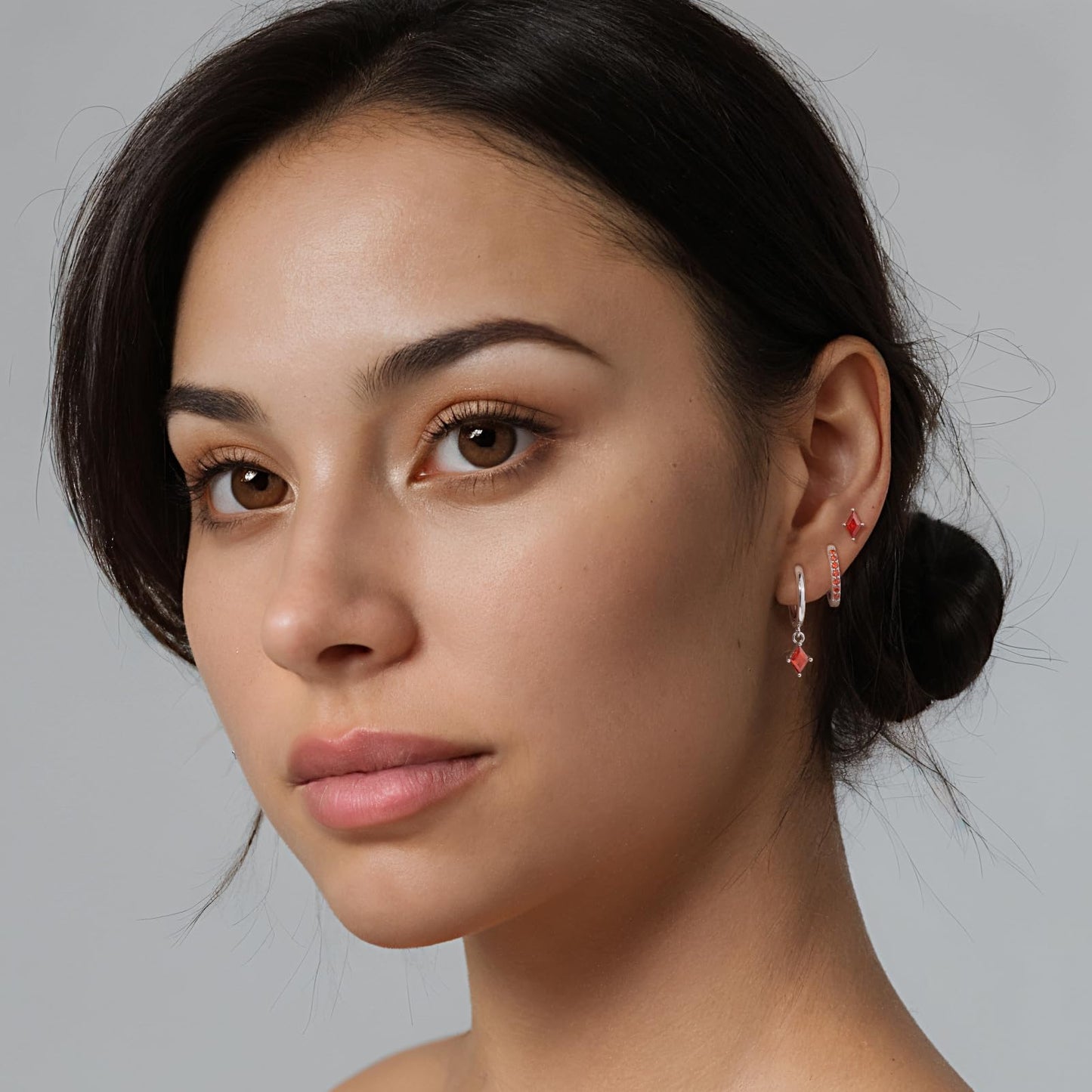 3 Pairs Sterling Silver Hoop Earrings Set for Women, Hypoallergenic Silver Red Earrings for Multiple Piercing, Dainty Huggie Ruby Earring Cartilage Earring Stacks Trendy Red Jewelry Gifts