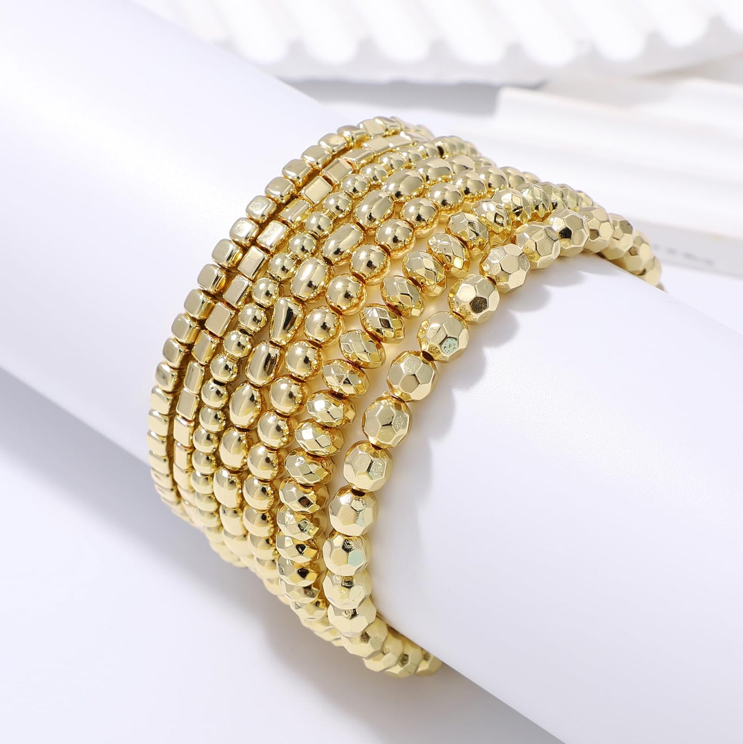 Sajidos Gold Plated Beaded Bracelets for Women Trendy, 14K Gold Plated Stack Cross Pearl Gold Plated Bead Stretch Bracelets Set Elastic Hypoallergenic Bracelets Jewelry Gifts