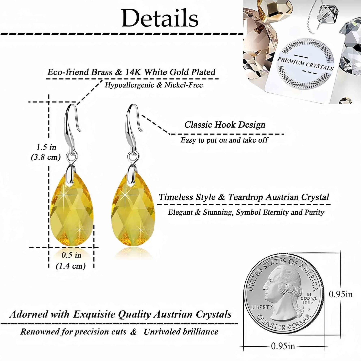 Austrian Crystal Teardrop Dangle Hook Earrings for Women 14K Gold Plated Hypoallergenic Jewelry (Yellow)