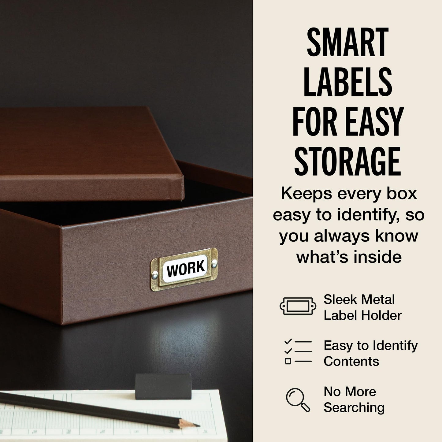 Bigso Oskar Fiberboard Document Storage Box with Lid for A4 and Letter Size Papers - Stylish, Sturdy, and Stackable Keepsake Box with Label Holder - W10.2in x D13.8in x H3.3in - Recycled Leather