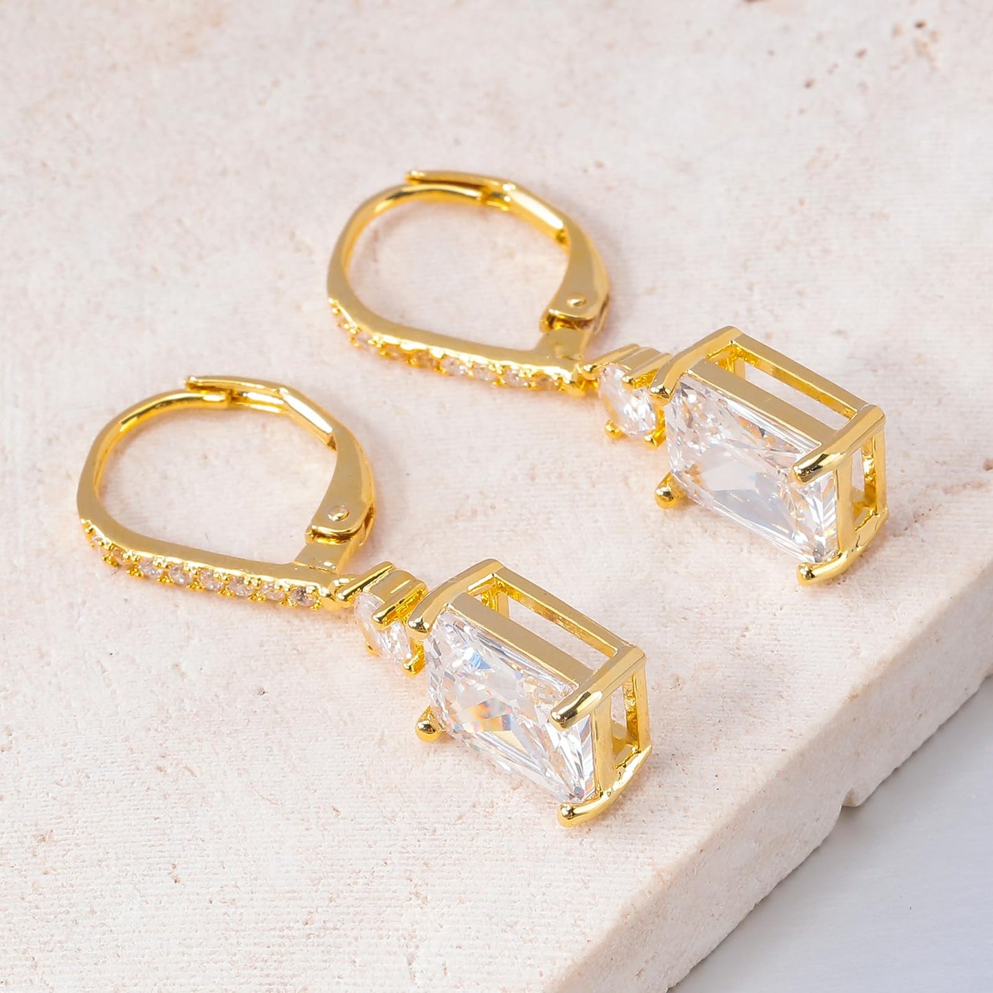 CiNily Leverback Earrings for Women Rectangular-cut Drop Dangle Earrings Hypoallergenic, 14K Gold Plated White Cubic Zircon Earrings Diamond Dangle Earrings Jewelry Wedding