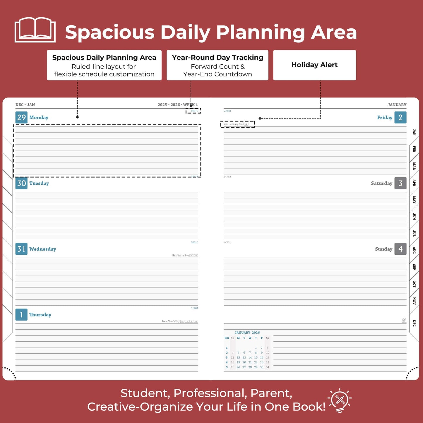 IN-LUXPRO Planner 2026 Daily Weekly and Monthly,11.5"x8.5",12 Months Spiral Bound Calendar Agenda with Self-adhesive Pen Holder,2026 Appointment Book with Vegan Leather Soft Cover,Red