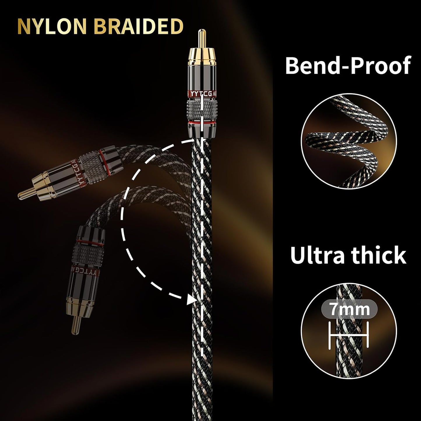 1.64ft 2RCA Male,15 AWG,4N Core,24K Player,Turntable(1.64ft/0.5m) Audiophile HiFi Audio RCA Cables - Male to OFC