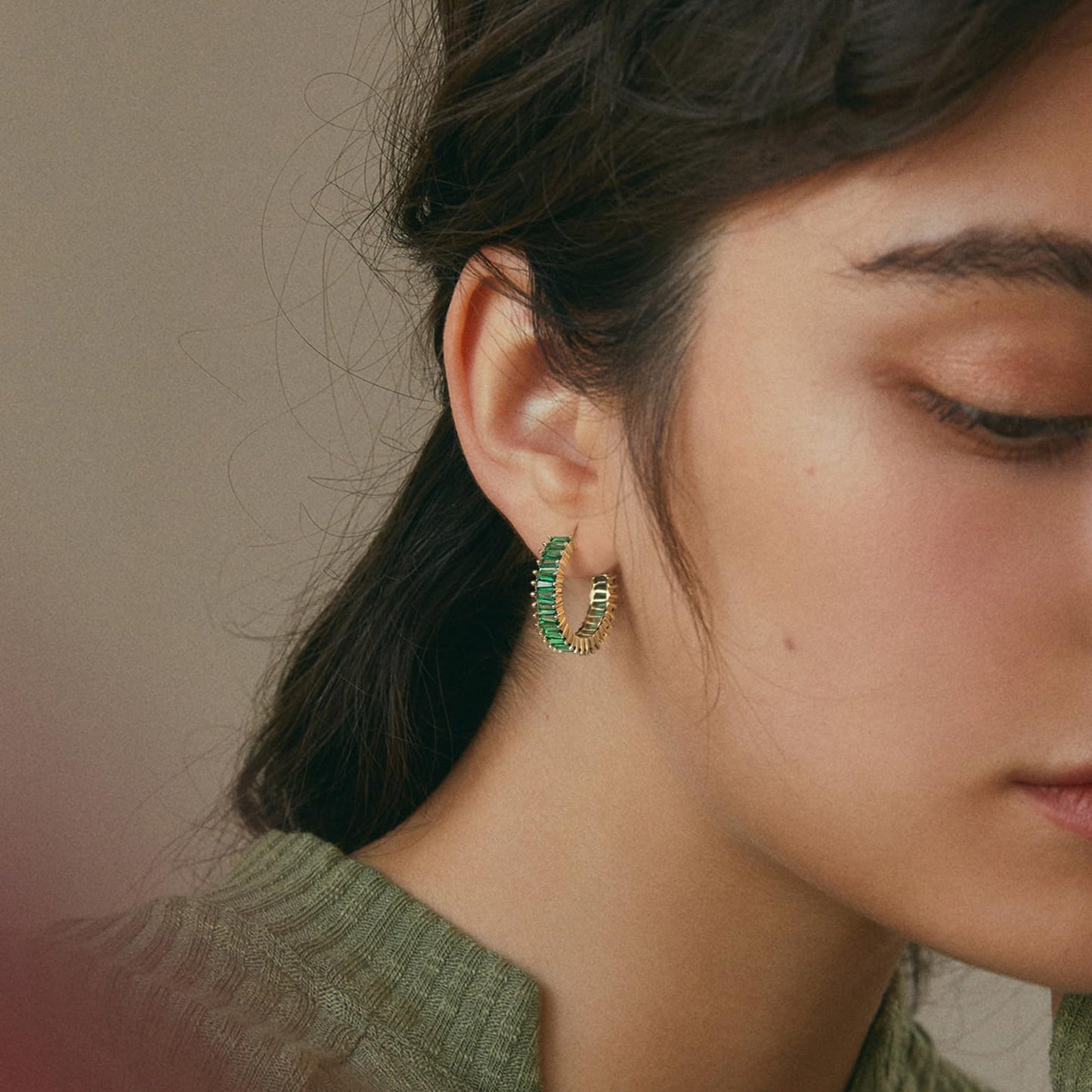 GLOQUAT Gold Green Hoop Earrings St Patrick's Day Earring Accessories for Women Cubic Zirconia Hoops for Irish Festival Trendy Baguette Hoop Earring Womens Emerald Green St Patty's Jewelry Gifts 25mm