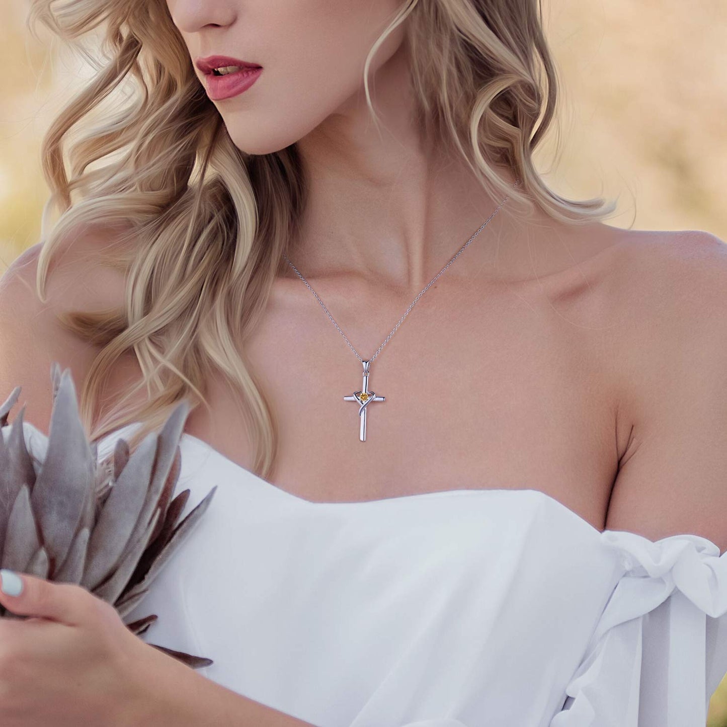 AmorAime 925 Sterling Silver Cross Necklace for Women Men 14K Gold Plated 5A CZ Birthstone Necklaces for Holiday (K.Orange-November-Topaz)