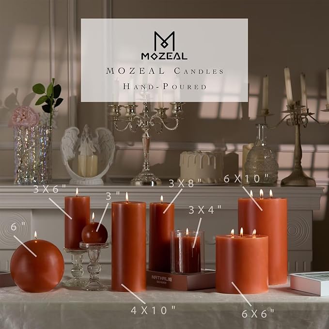 MOZEAL 3" x 8" Hand-Poured Unscented Large Candle, Smokeless Rustic Pillar Candle Set of 2, Slow Burn, No Drip, Approx 150 Hours Burning, Dinner, Autumn and Home Decorative,Tall Burnt Orange Candle