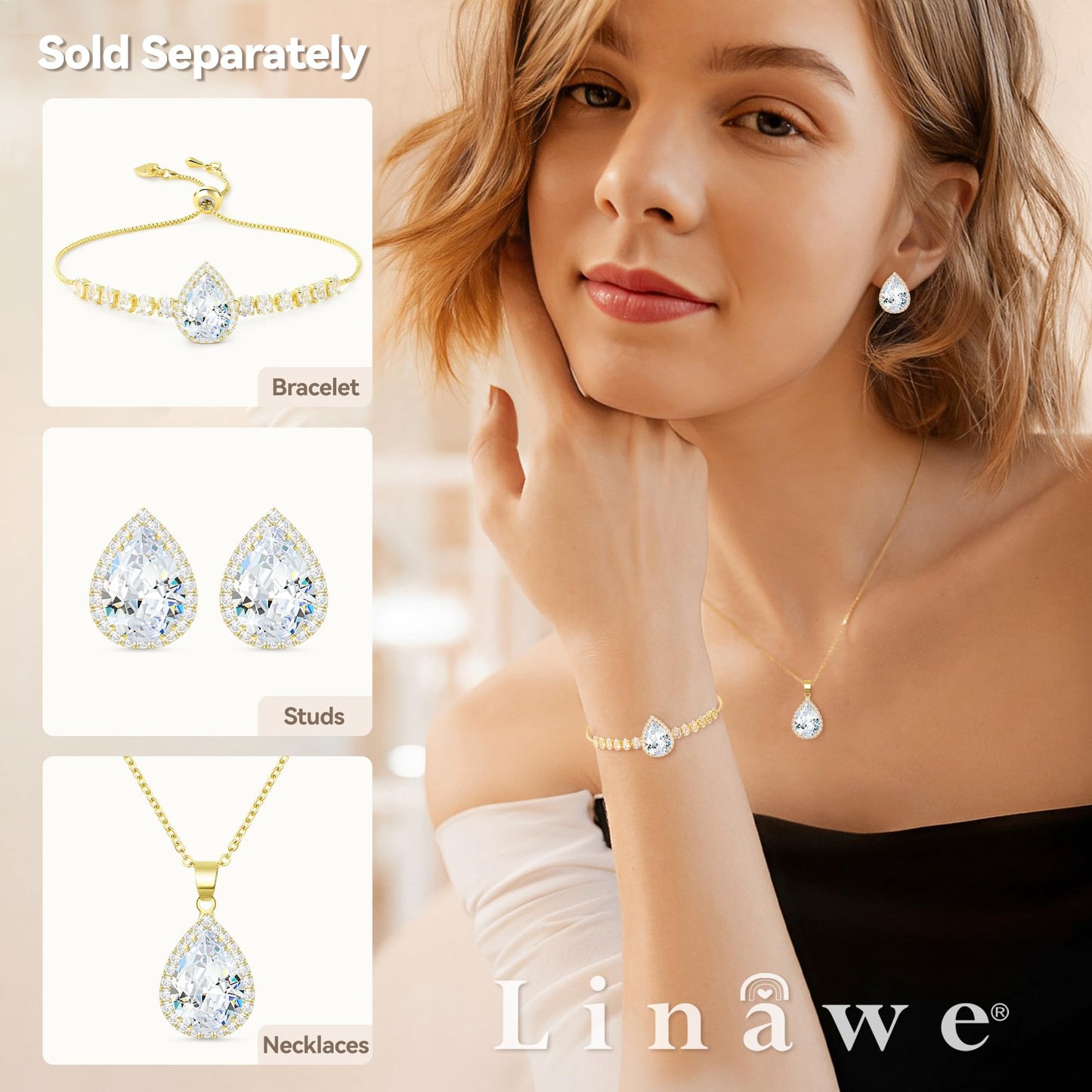 Linawe Crystal Pendant Necklace for Women Trendy, Wedding Bride Bridesmaid Jewelry Set, 14K Gold Chain Moissanite Imitation Diamond Necklace