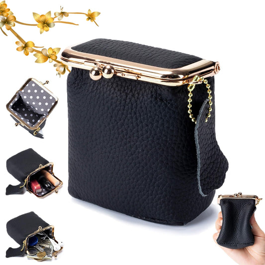 Genuine Leather Mini Jewelry Box, Portable Genuine Leather Mini Coin Jewelry Purse, Vintage Travel Jewelry Case Organizer with Kiss Lock, for Earring, Ring, Necklace Coin or Lipstick(Black)