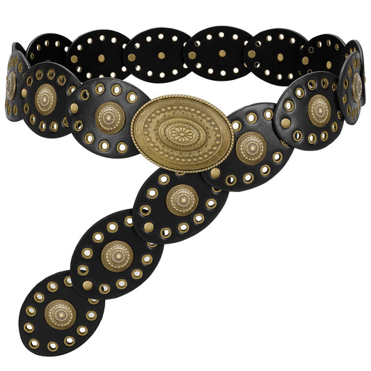WHIPPY Women Disc Concho Leather Belt Western Cowgirl Wide Belt Vintage Boho Country Oval Waist Belt for Music Festival Dress, Black Bronze, Fit Waist Size Up to 33"