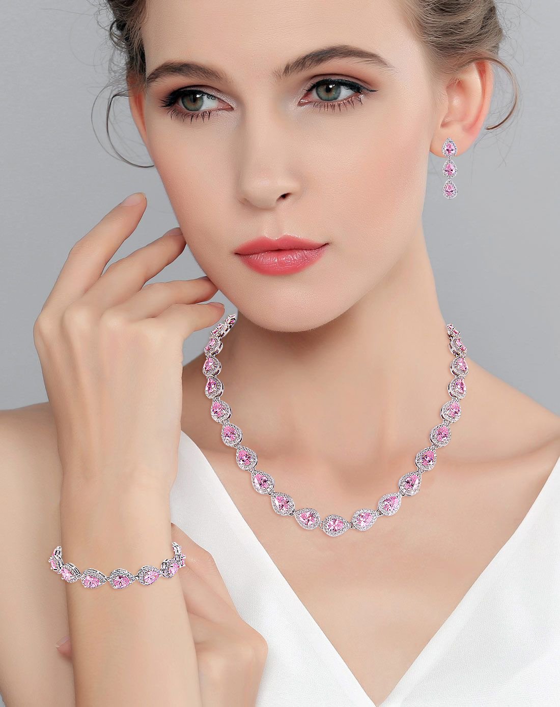EVER FAITH Wedding Jewelry October Birthstone Pink Tourmaline-Color CZ Tear Drop Necklace Earrings Bracelet Set
