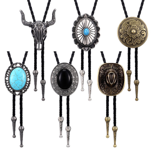 Whimsibelle 6 Pcs Bolo Tie for Men, Western Cowboy Handmade Bolo Ties Vintage Native American Leather Necktie with Natural Stone Costume Accessories Gifts Bulk for Men Father's Day