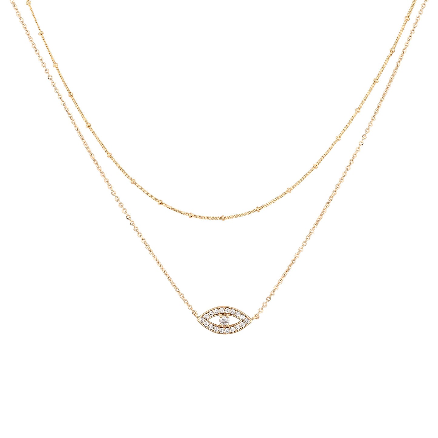 MEVECCO Gold Dainty Layered Evil Eye Necklace,18K Gold Plated Cute Delicate Tiny White Cubic Zirconia Solitire Bead Chain Necklace,Layer Minimalist Necklace for Women