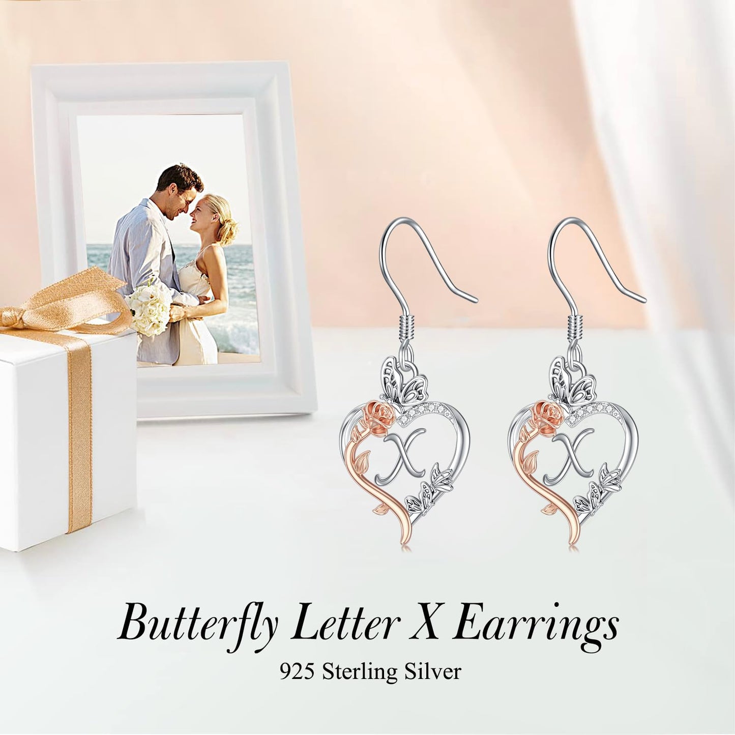 TOUPOP Rose Heart Initial Earrings Sterling Silver Butterfly Earring Initial X Letter Drop Dangle Earrings Jewelry Anniversary Birthday Mothers Day Gifts for Women Mom Wife Girlfriend Her