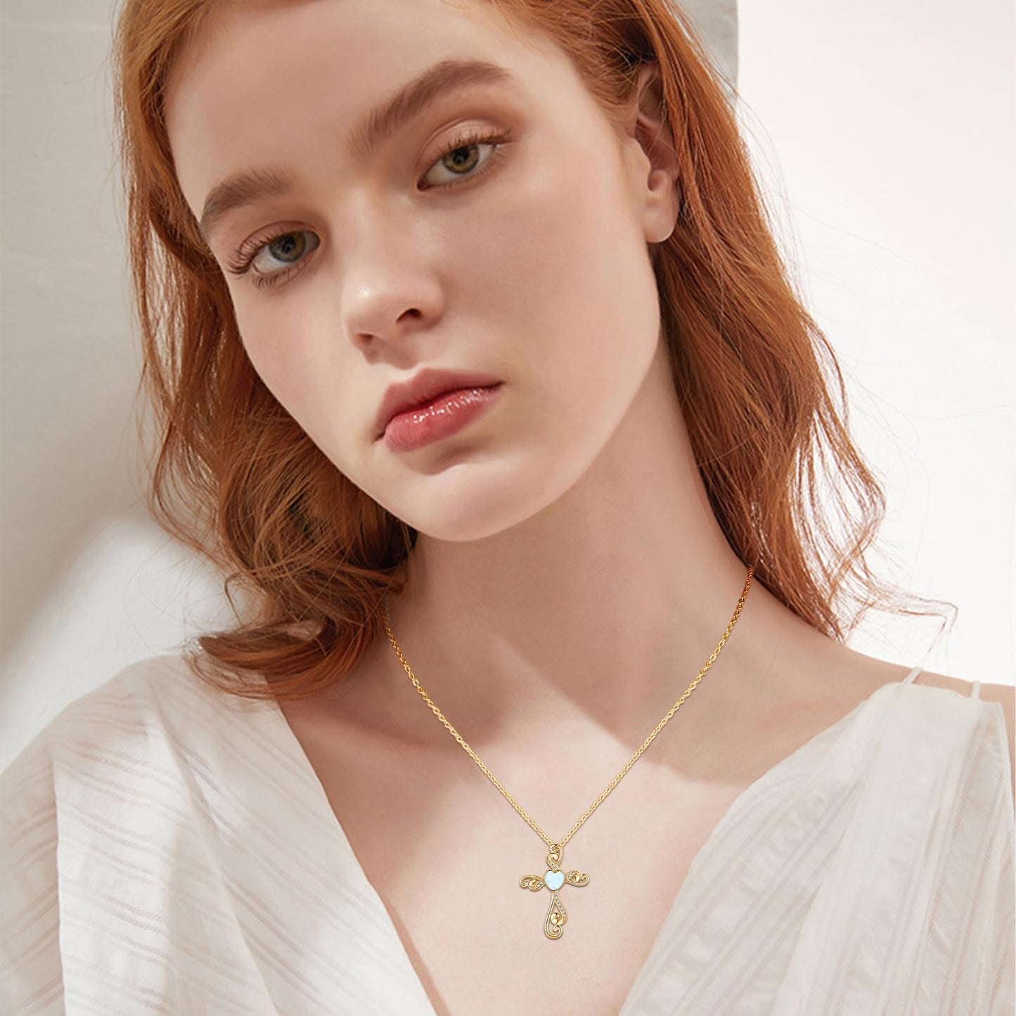 Twoowl 14K Gold Plated Cross Necklace 925 Sterling Silver White Opal Faith Pendant Religious Christian Jewelry Gifts for Mom Women