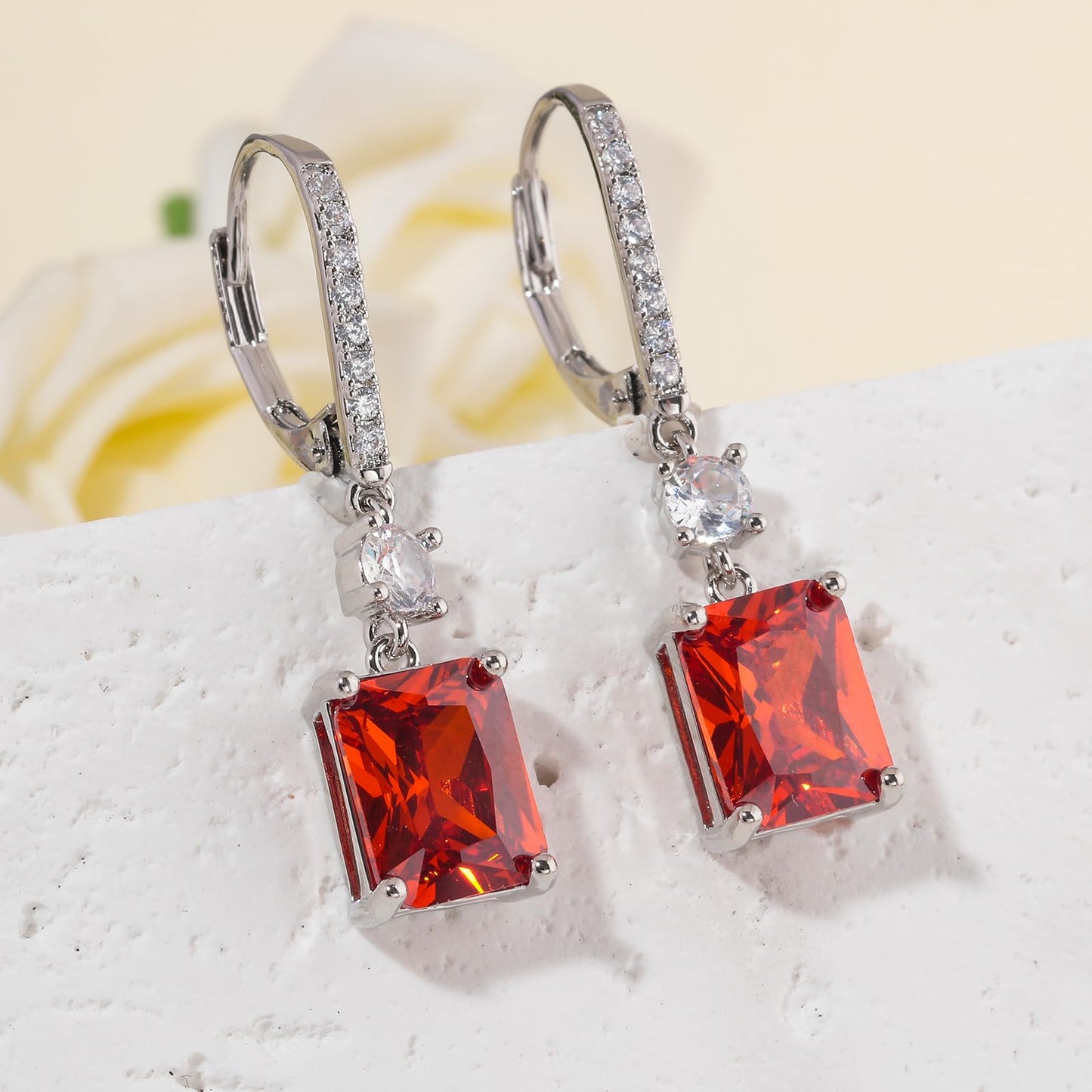 CiNily Rectangular-cut Drop Dangle Earrings Hypoallergenic, 14K White Gold Plated Red Cubic Zircon Earrings Diamond Dangle Earrings Jewelry for Sensitive Ear