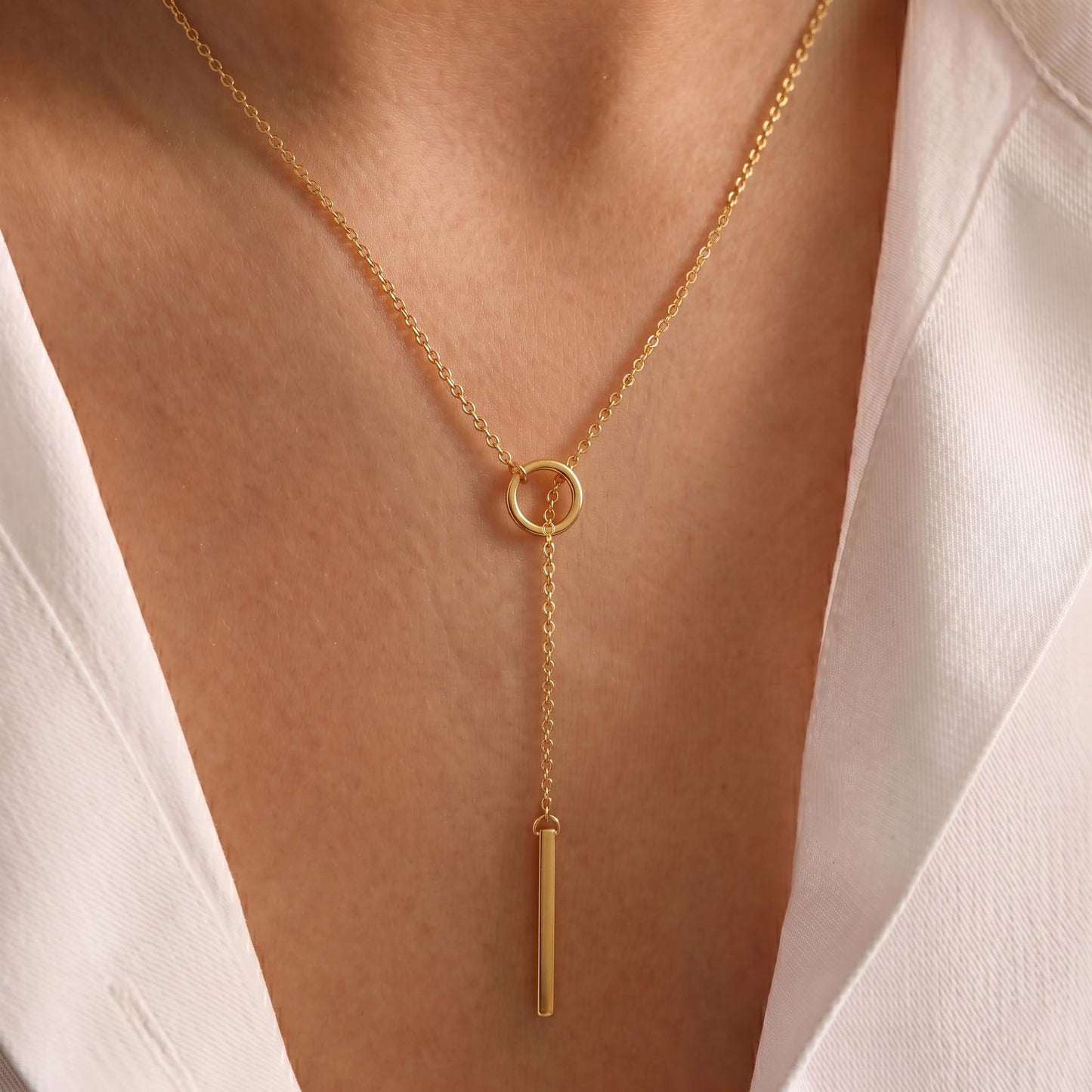 Tewiky Circle Bar Necklace for Women, Dainty Gold Lariat Necklace 14k Gold Drop Y Necklace Simple Gold Necklaces for Women Trendy Delicate Gold Necklaces Aesthetic Jewelry for Women