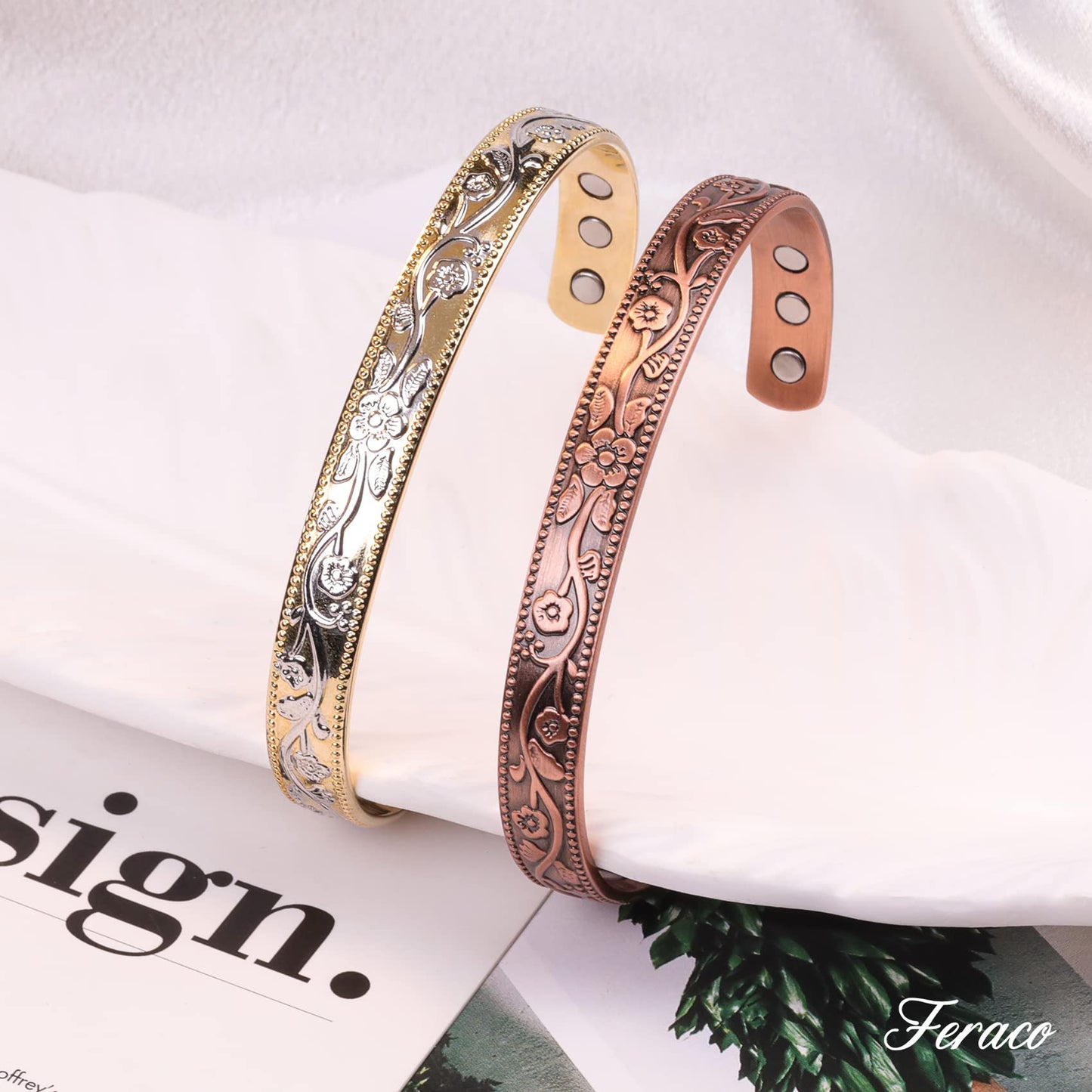 Feraco 99.99% Pure Copper Bracelet for Women, 11X Ultra Strength Magnetic Copper Cuff Bangle with 3500 Gauss Neodymium Magnets, Adjustable Vintage Flower Collection