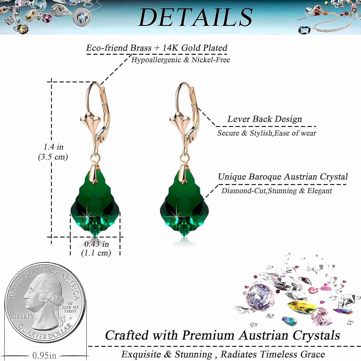 Austrian Crystal Baroque Drop Leverback Earrings for Women Fashion 14K Gold Plated Hypoallergenic Jewelry (Emerald)