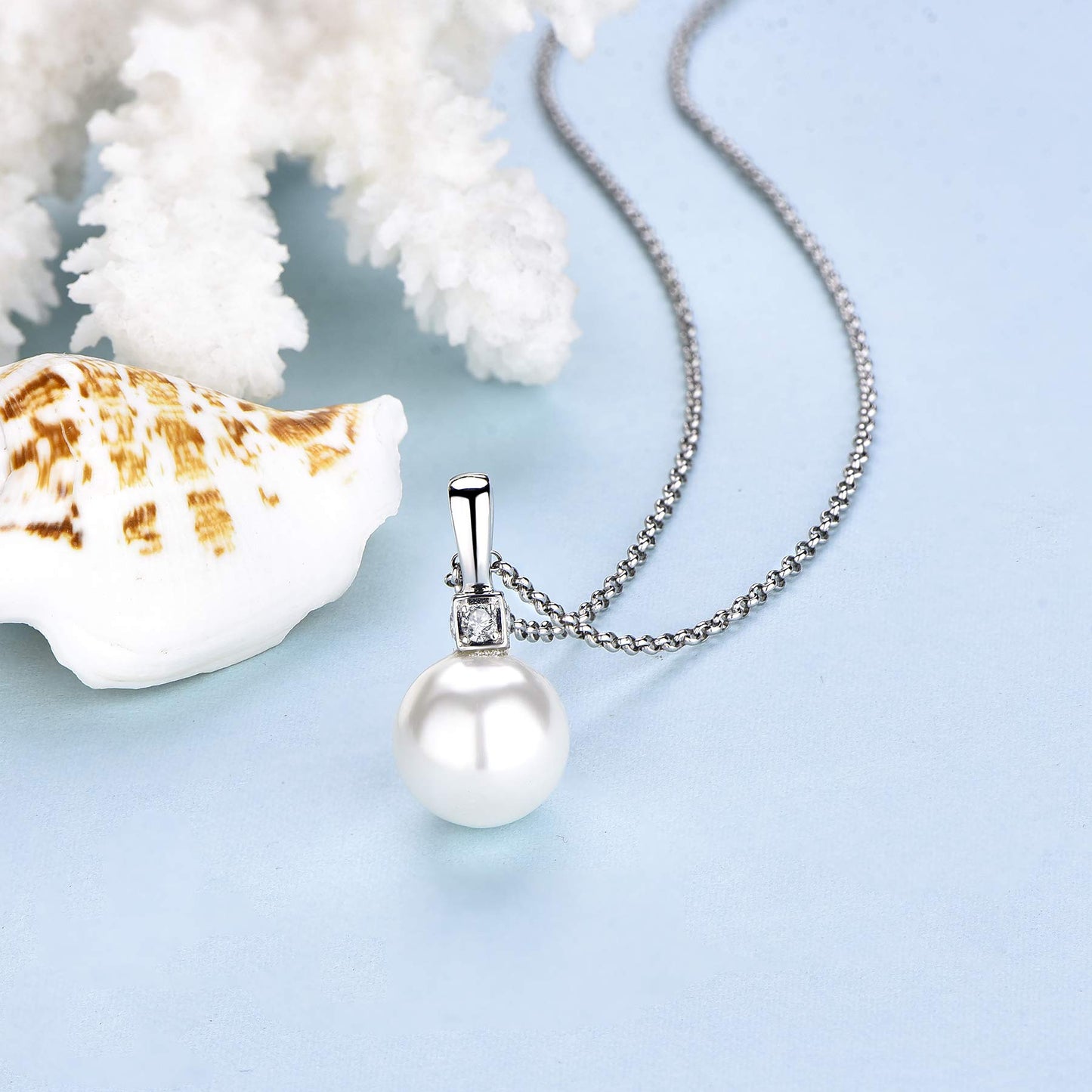 JO WISDOM Pearl Necklace,925 Sterling Silver Cubic Zirconia 11mm Large Simulated Pearl Pendant Necklace,Jewelry for Women