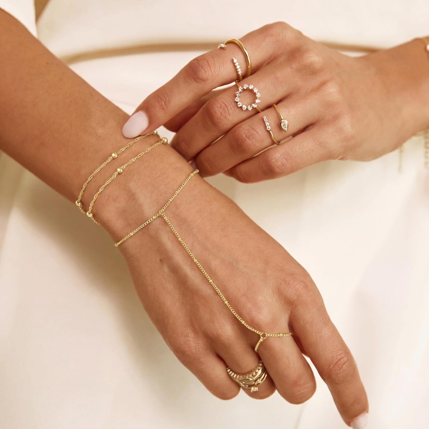 2PCS Gold Hand Chain Finger Bracelet for Women, 14K Gold Plated Satellite Bead Slave Bracelet, Waterproof Boho Hand Harness Jewelry for Summer Beach & Party, Tarnish Resistant, Adjustable Gift for Her