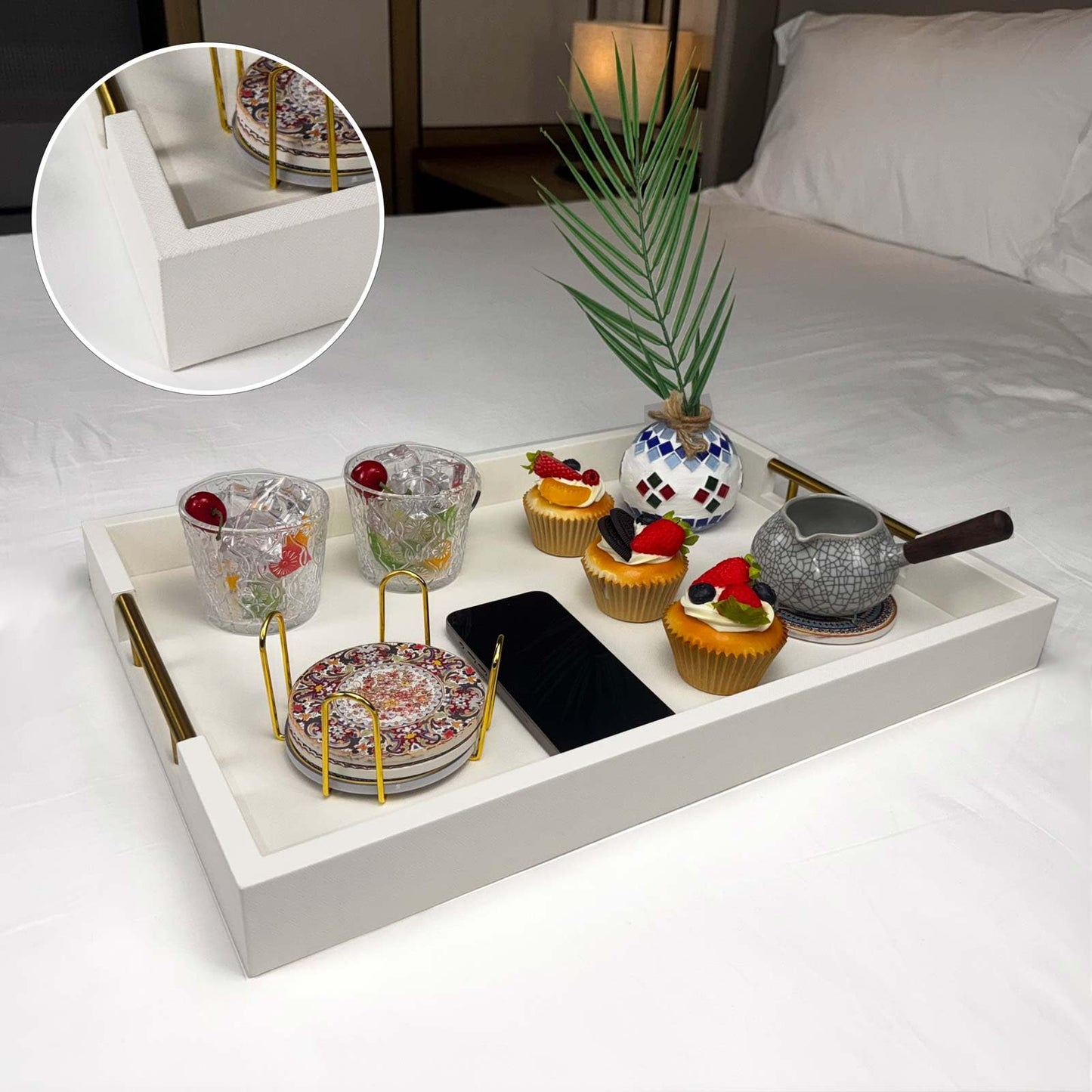 14x20 Inches White Faux Leather Wrapped Wood Serving Tray with Metal Handles for Various Occasions, Ottoman, Home Decor Decorative, Living Room, Coffee Table Organizer, Serving Breakfast On Bed