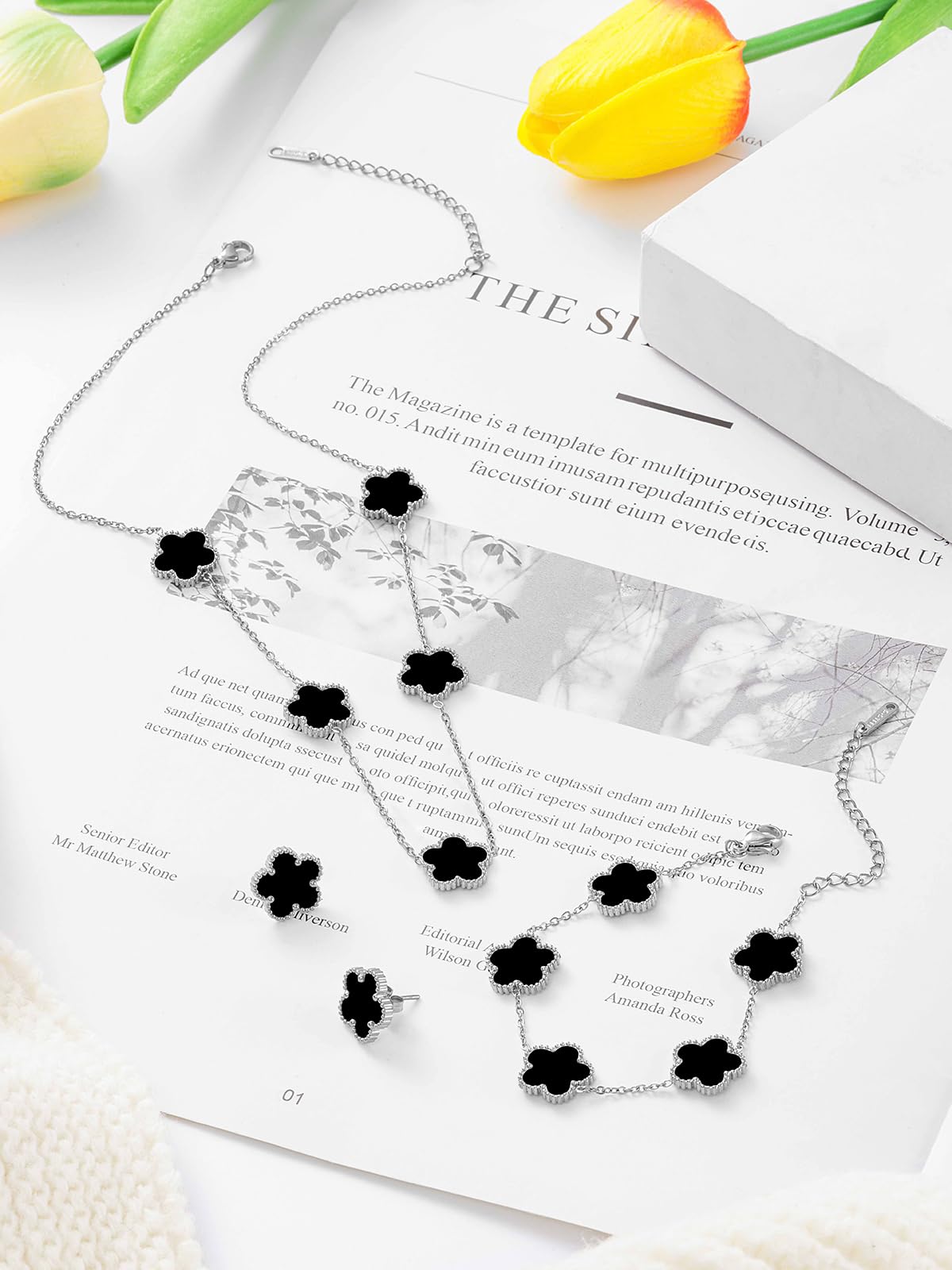 Qinpan Five Leaf Clover Necklace Bracelet and Stud Set for Women Lucky Flower Jewelry (Black-Stainless Steel)
