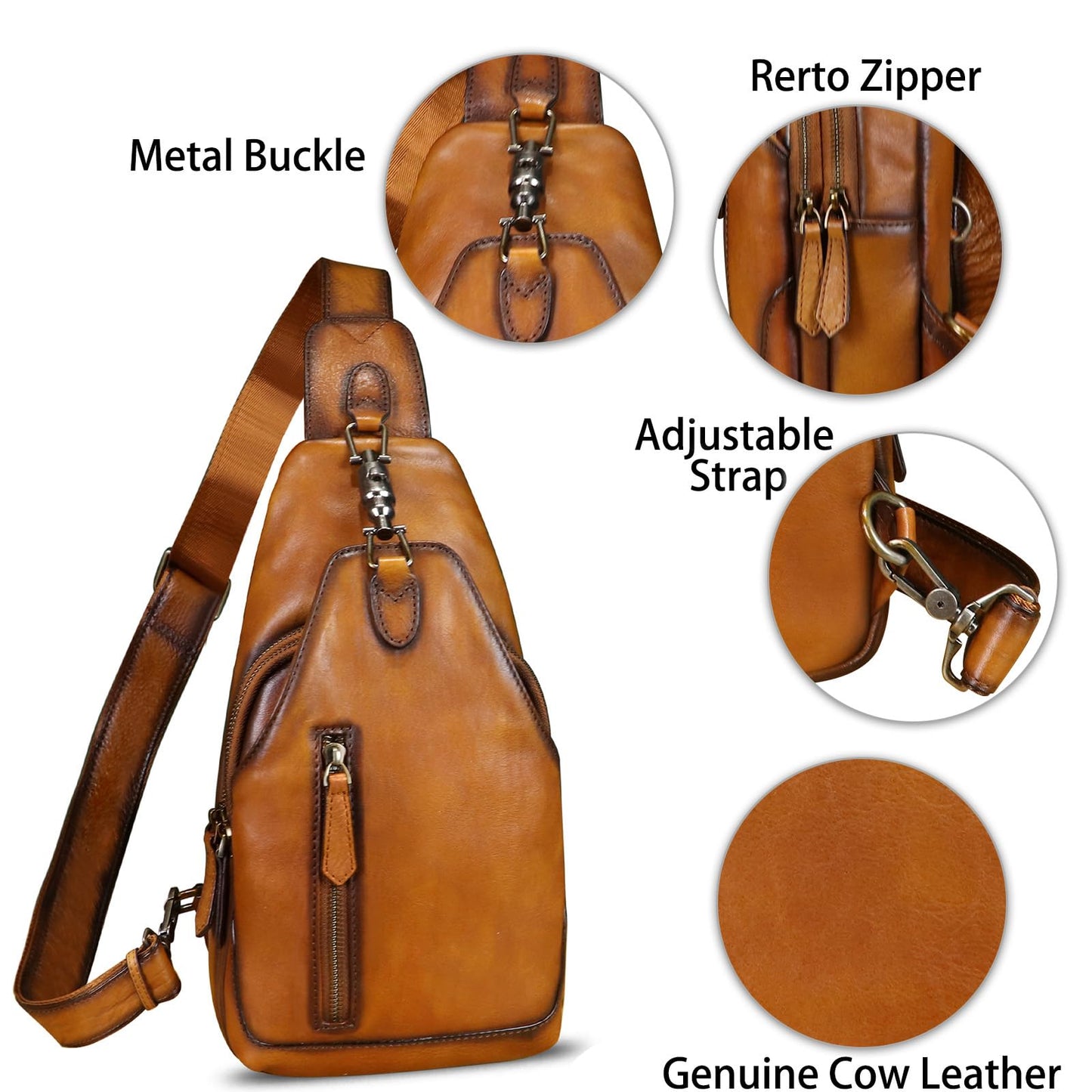 LRTO Genuine Leather Sling Bag Crossbody Purse Motorcycle Bag Handmade Hiking Daypack Retro Shoulder Backpack Vintage Chest Bag (Brown)