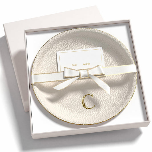 AUTYANL Initial Jewelry Dish for Women, Shatterproof Vegan Leather Ring Holder with Stainless Steel Core, Personalized Monogram Trinket Tray, Birthday Bridesmaid Gift with Box (Cream Letter C)