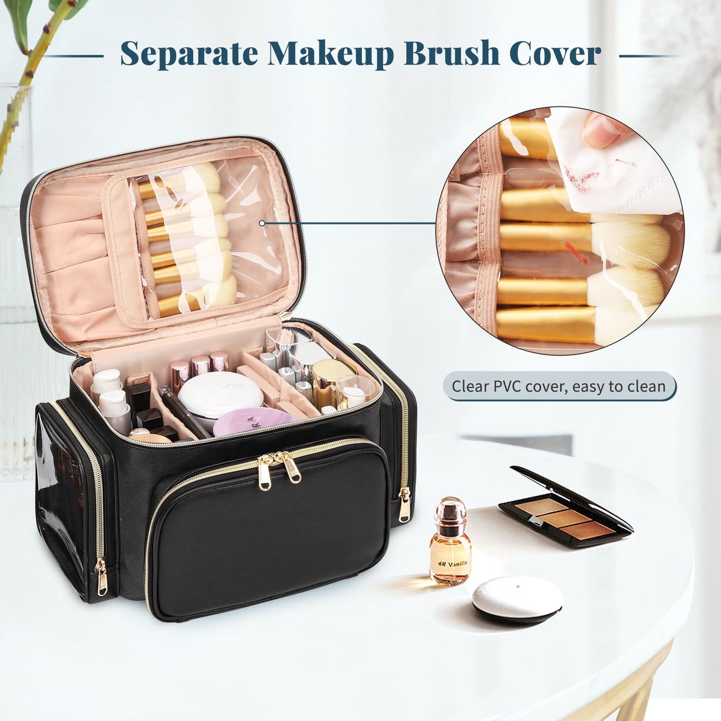 Bagmoly Large Makeup Bag, Portable Travel Makeup Bag Organizer for Women Girls with Makeup Brush Compartment & Two Side Pockets, Cosmetic Travel Bag Vertical Storage Toiletry Bag - Black