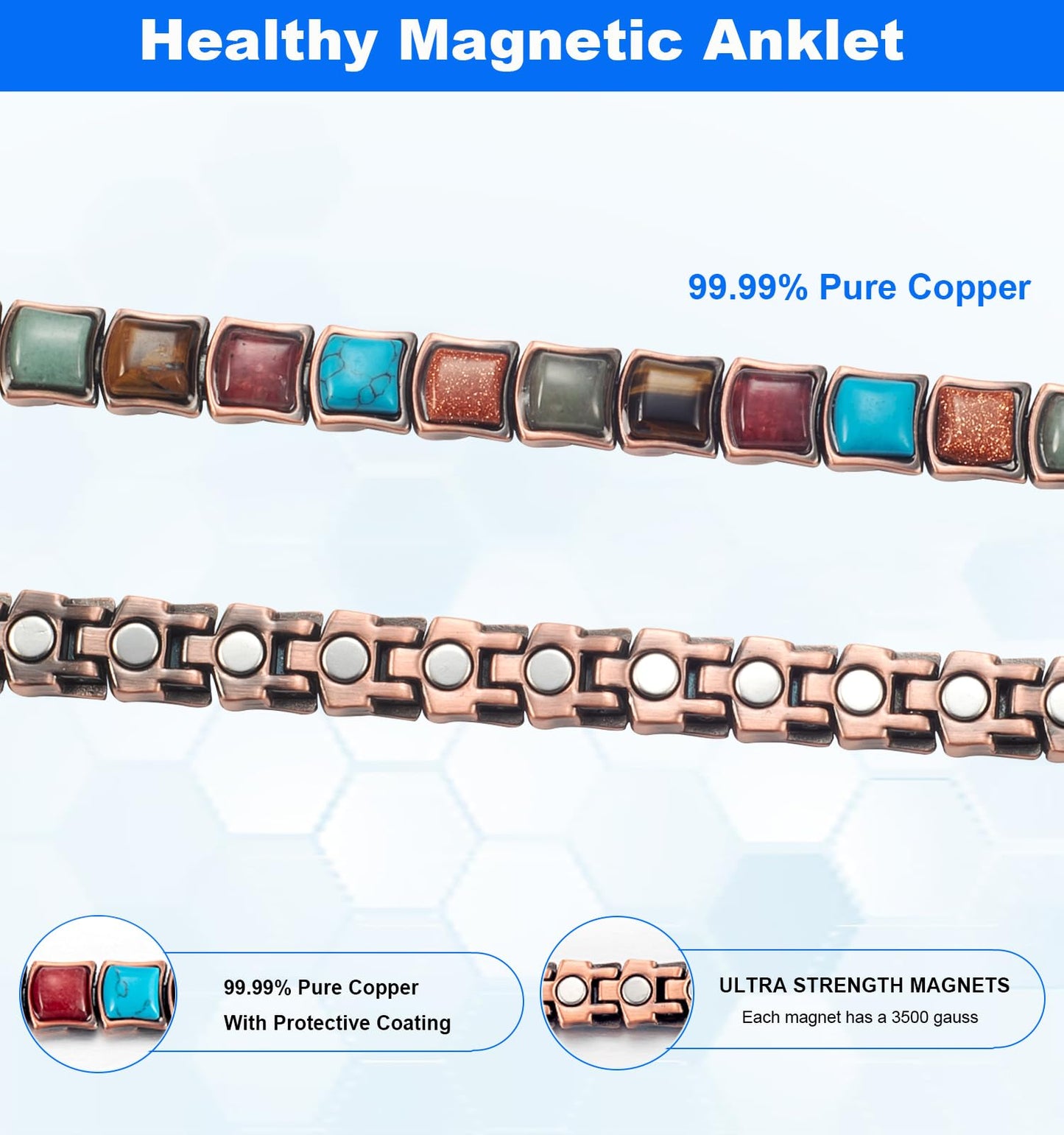 EnerMagiX Copper Ankle Bracelet for Women, Pure Copper Coloured Turquoise Magnetic Anklet Jewelry, 3500 Gauss Magneti (0037A)
