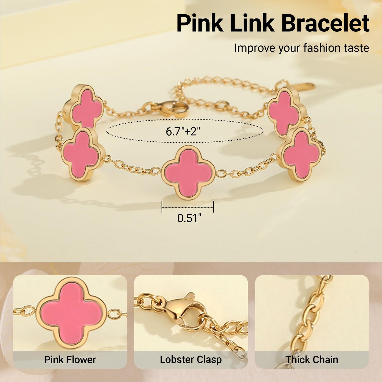 CORSMGSE 18K Gold Plated Clover Lucky Bracelet for Women Gold White Black Pink Green Red Blue Adjustable Double Sided Flower Four Leaf Link Bracelets Trendy Jewelry Gifts for Women Men