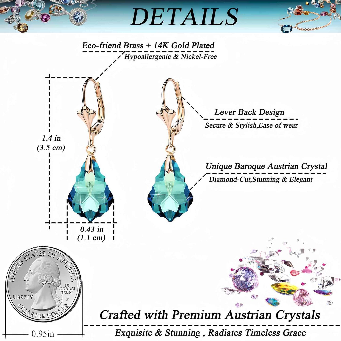 Austrian Crystal Baroque Drop Leverback Earrings for Women Fashion 14K Gold Plated Hypoallergenic Jewelry (Bermuda Blue)