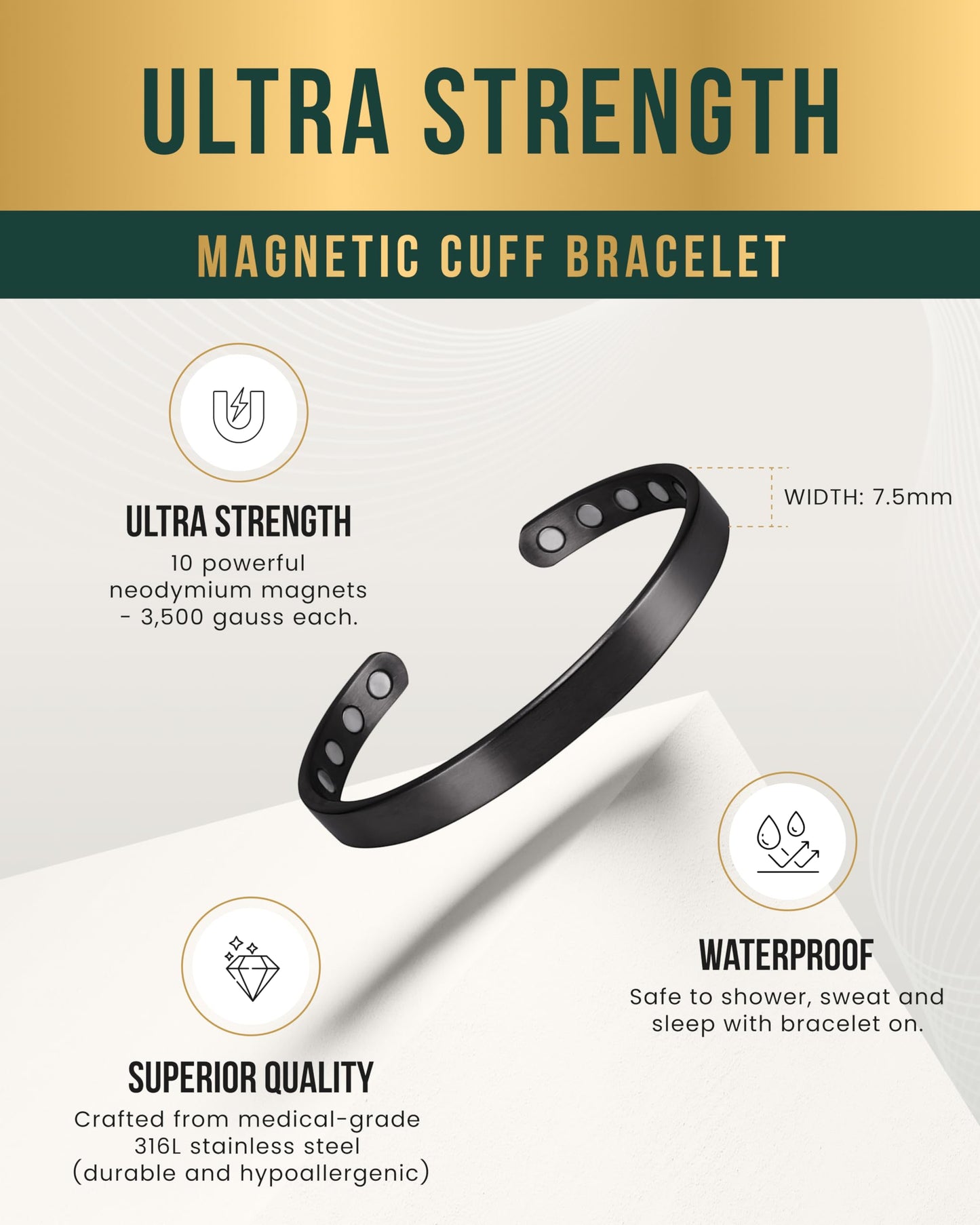 MagnetRX® Magnetic Bracelets for Men & Women - Elegant Bangle Men’s Cuff - Golf/Tennis Elbow & Balance, Stainless Steel Magnetic Bracelets for Women (Black, Small (Pack of 1))
