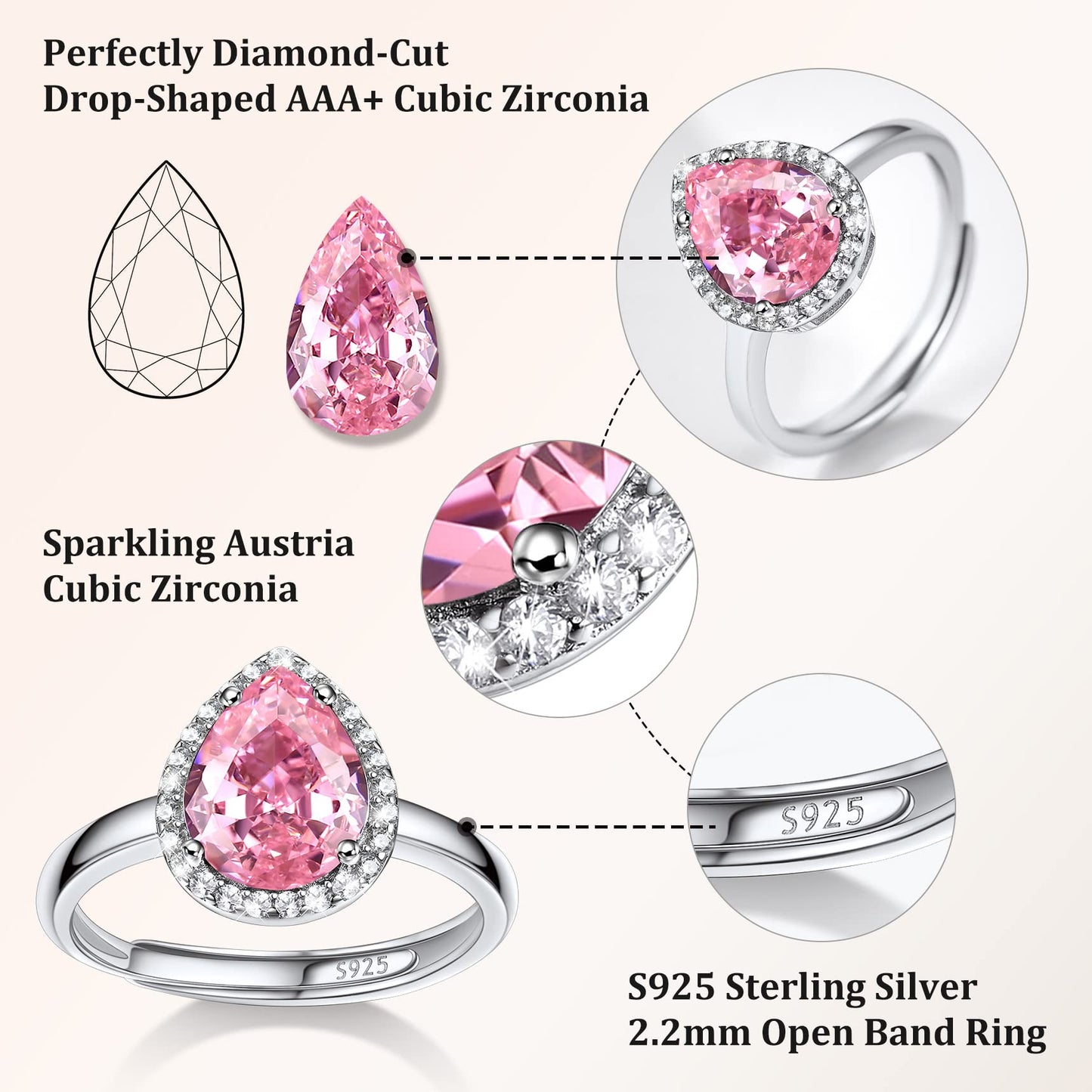 Bestyle Infinity Love Teardrop October Pink Tourmaline Gemstone Rings with Sparkling Cubic Zirconia, Brilliant Love Teardrop Diamond Halo Rings Statement Jewelry for Women