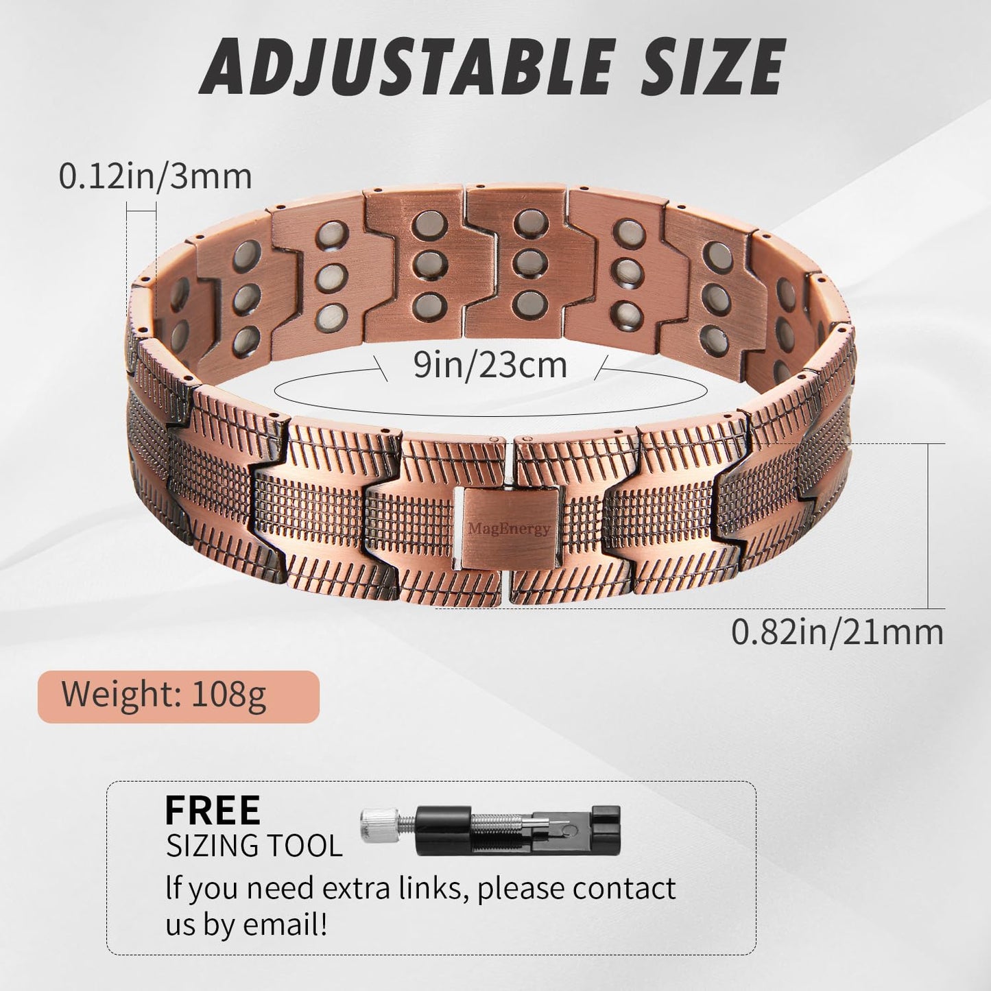 MagEnergy 3X Magnetic Copper Bracelet for Men, 99.99% Pure Copper Magnetic Bracelets with Ultra Strength Magnets, Adjustable Wristband with Sizing Tool Jewerly Box