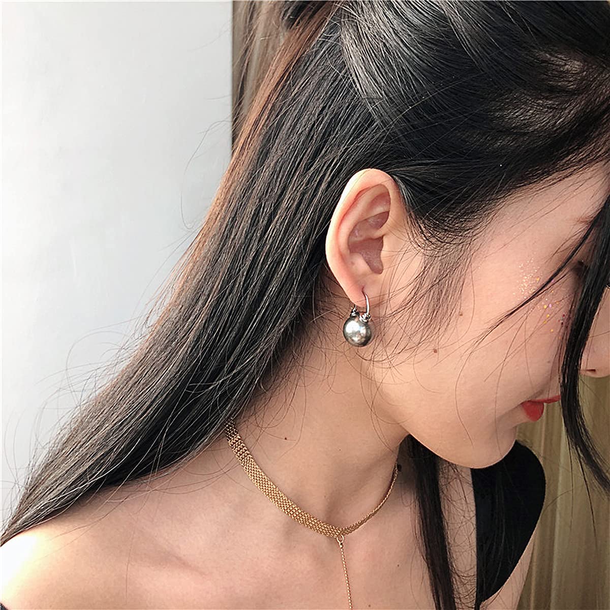 OwMell Elegant 925 Sterling Silver Pearl Drop Earrings Dangle Stud Gold Plated Earrings for Women Large Size 12mm - Grey