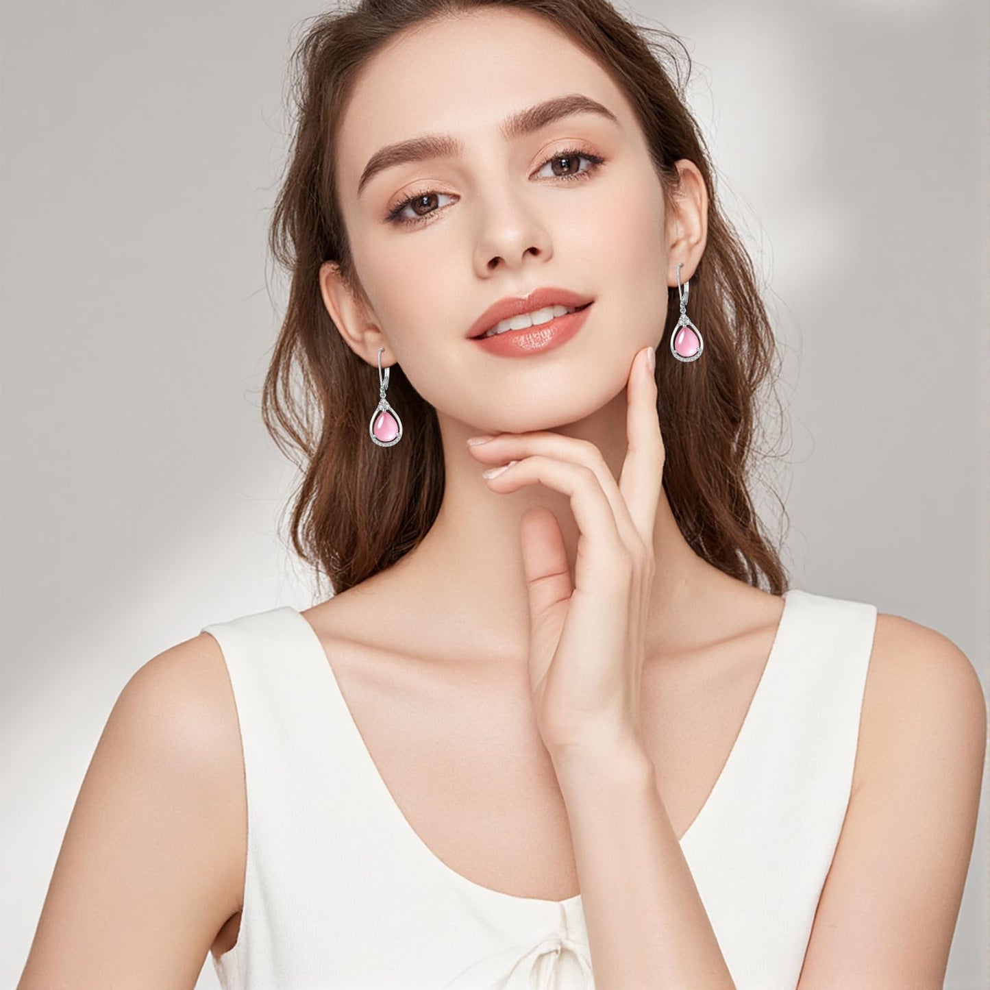 Pink Earrings Sterling Silver Opal Leverback Teardrop Dangles Jewelry Christmas Gifts for Women