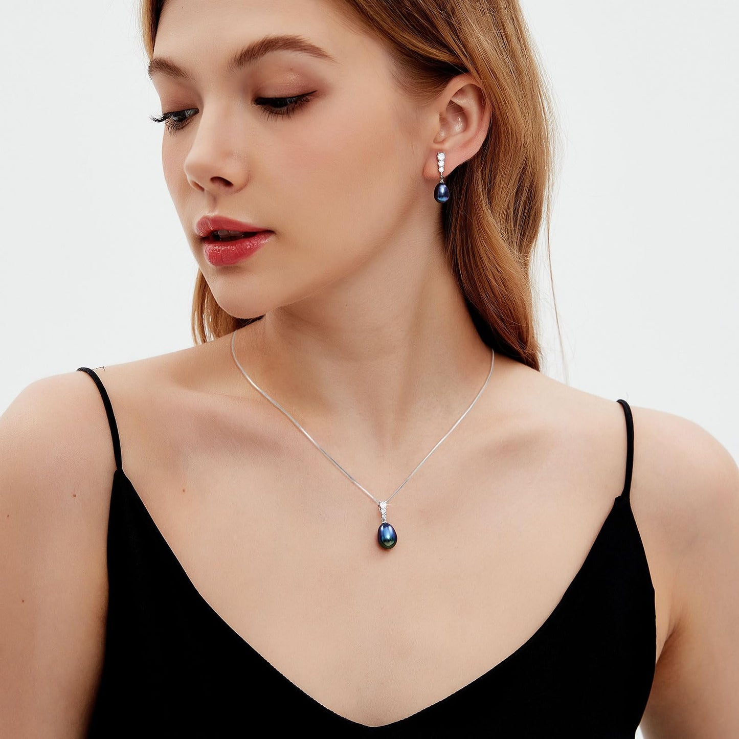 BAMIKI Black Pearl Necklace and Earrings Set, Saltwater Cultured Baroque Pearl 9-10mm, 925 Sterling Silver Set with CZ, Jewelry Gifts for Women, Drop Style