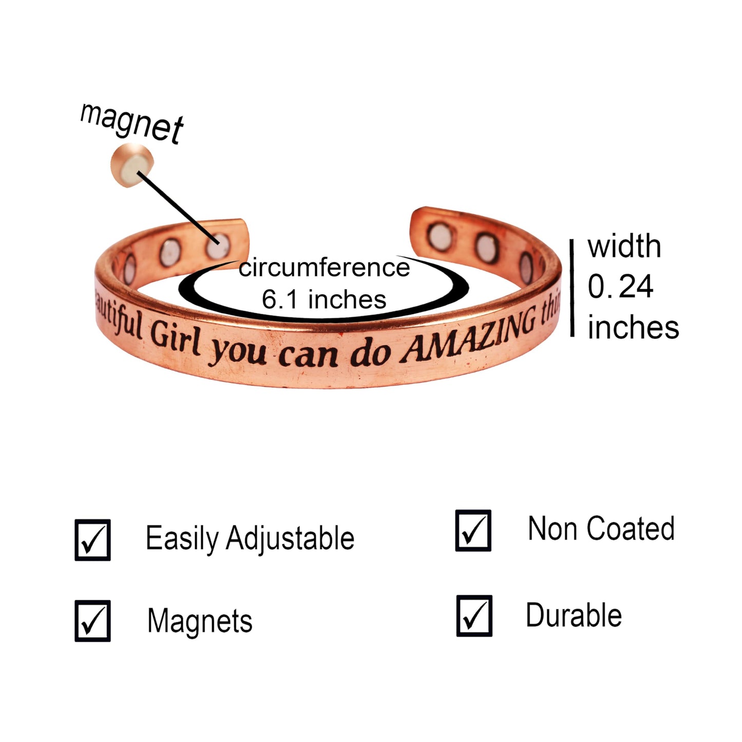 Touchstone Inspirational Copper Engraved Magnetic Bracelets for Women-Personalized Jewelry Gifts for Best Friend/Mom/Daughter/Sister- In a Gift Box Beautiful Girl You Can Do Amazing Things