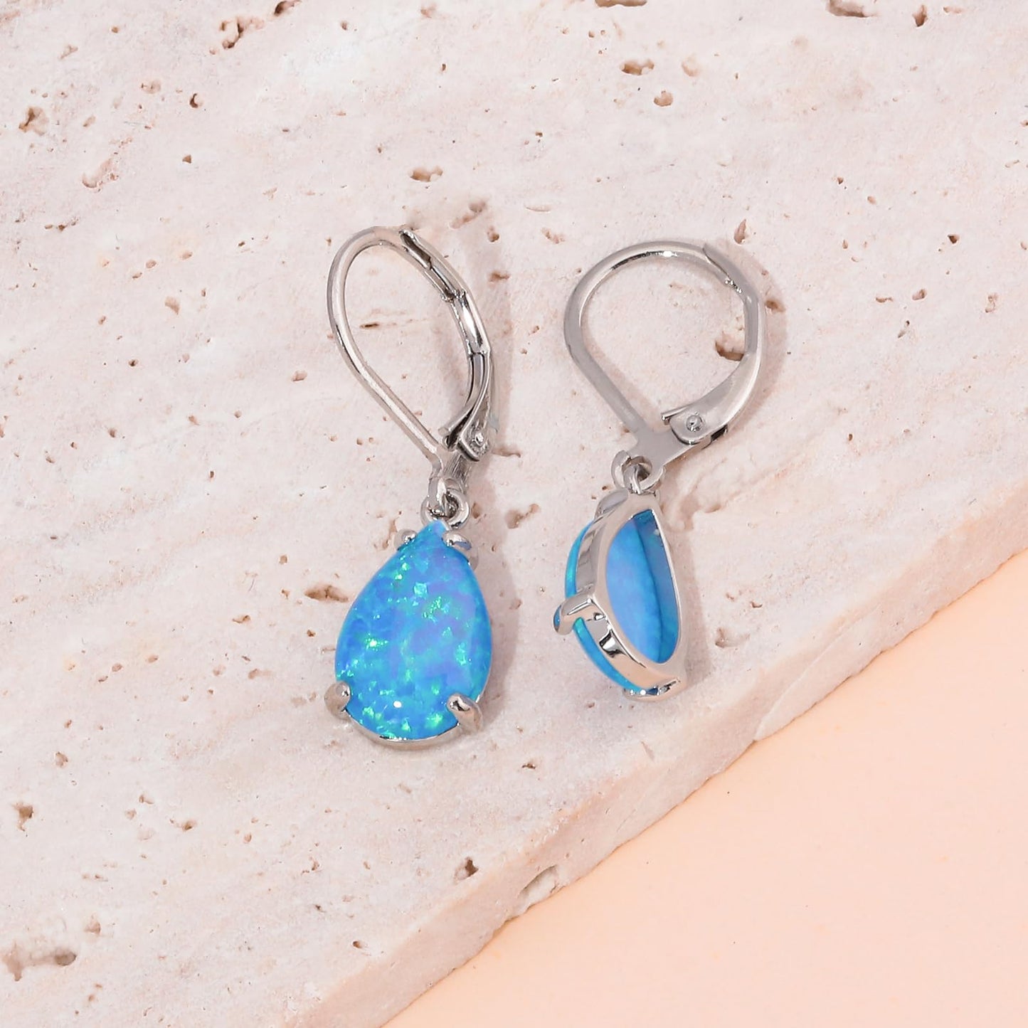 CiNily Teardrop Leverback Dangle Earrings for Women Hypoallergenic Blue Opal Pendant Drop Earrings 14K White Gold Plated Hanging Lever Earrings Fashion Graduation Jewelry Gifts