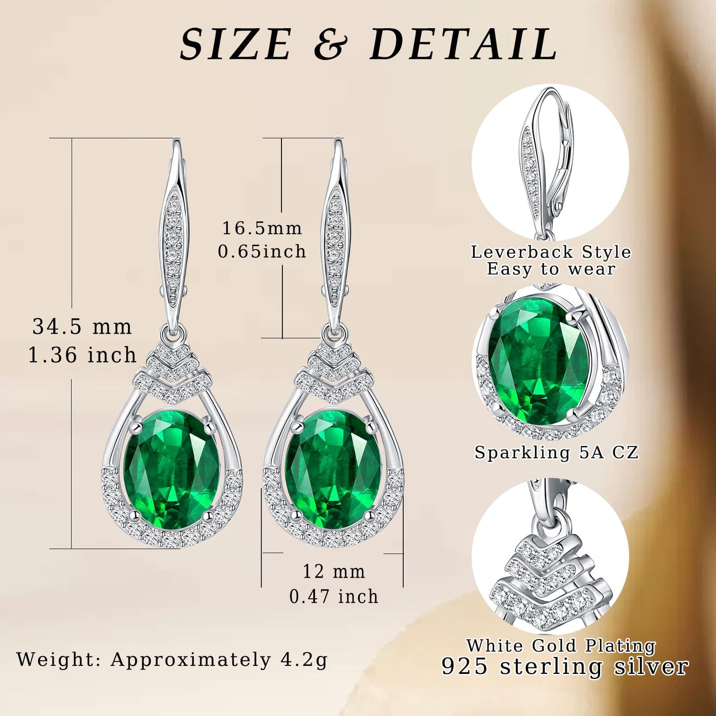 Green Emerald Dangle Earrings May Birthstone Sterling Silver Teardrop Leverback Drop Earring for Women Wedding Jewelry for the Bride Oval Cut CZ Earrings Anniversary Birthday Gifts for Wife Mom