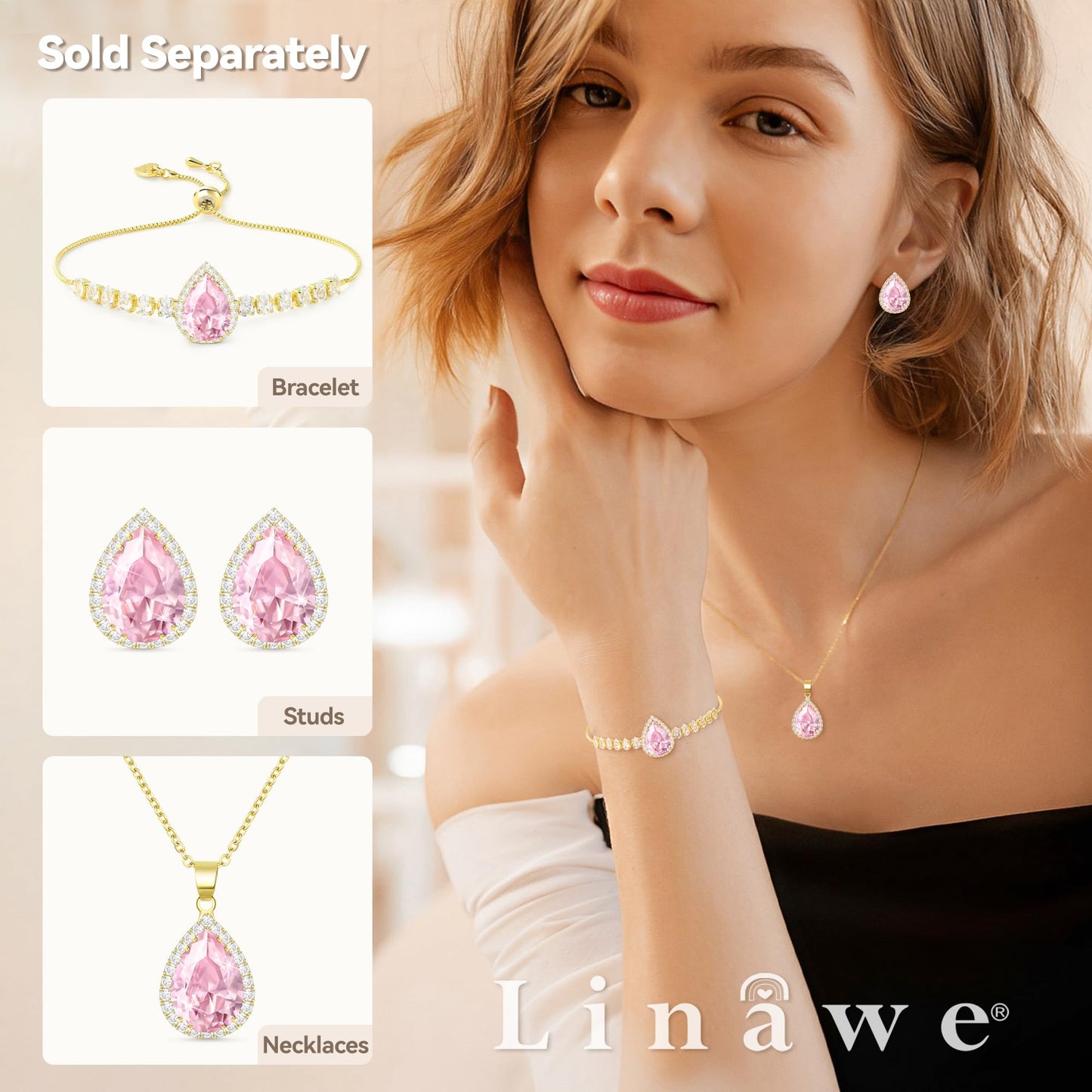 Linawe Fake Pink Crystal Pendant, KC Imitation Gold Plated Chain Imitation Diamond Cubic Zirconia Birthstone Rhinestone Teardrop Necklace, Bridal Wedding Bride Bridesmaids Jewelry Set