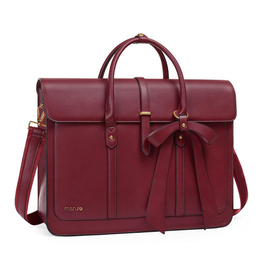 MOSISO Laptop Bag for Women, 15-15.6 inch PU Leather Laptop Shoulder Bags Convertible Backpack, 16 inch Messenger Bags Casual Handbag Work Briefcase Travel Computer Bag with Bowknot, Wine Red